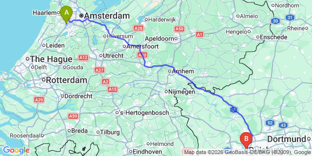 Map: Amsterdam Schiphol Airport (AMS) to Duisburg
