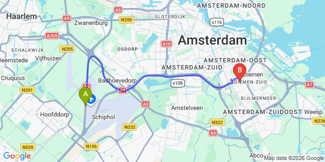 Map: Amsterdam Schiphol Airport (AMS) to Duivendrecht