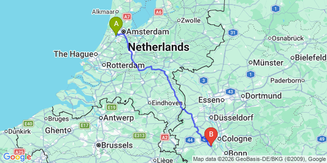 Map: Amsterdam Schiphol Airport (AMS) to Düsseldorf city (all areas)
