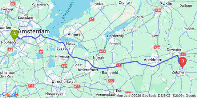 Map: Amsterdam Schiphol Airport (AMS) to Eefde