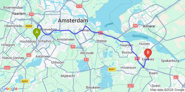 Map: Amsterdam Schiphol Airport (AMS) to Eemnes