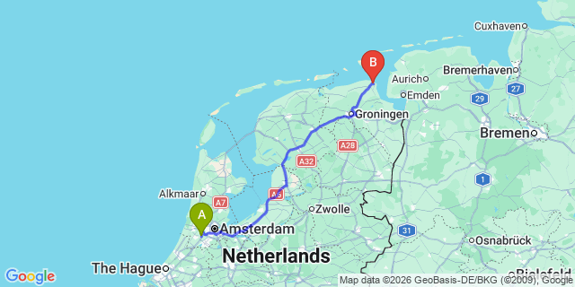 Map: Amsterdam Schiphol Airport (AMS) to Eemshaven