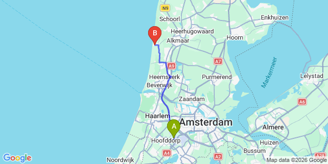 Map: Amsterdam Schiphol Airport (AMS) to Egmond aan Zee