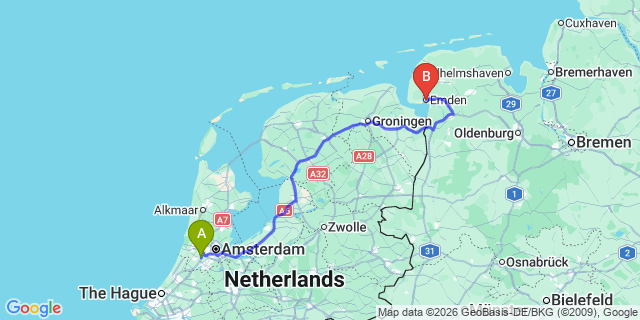 Map: Amsterdam Schiphol Airport (AMS) to Emden