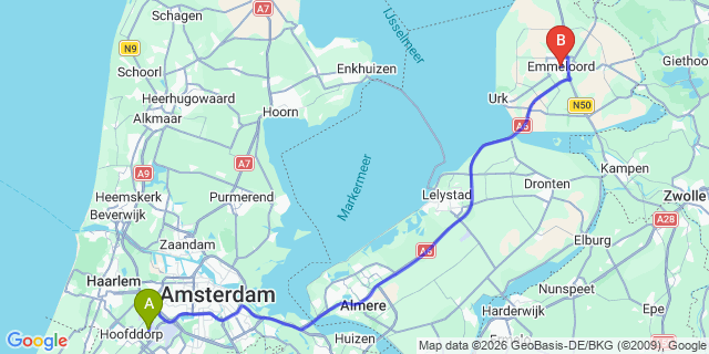 Map: Amsterdam Schiphol Airport (AMS) to Emmeloord