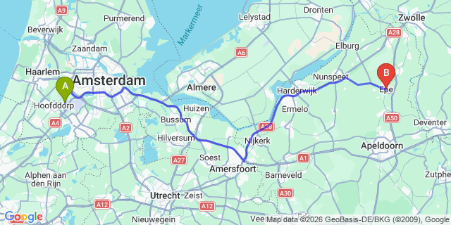 Map: Amsterdam Schiphol Airport (AMS) to Epe