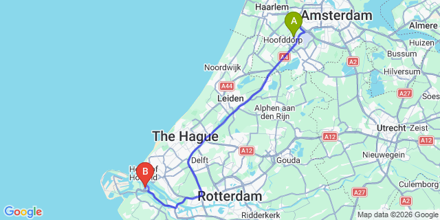 Map: Amsterdam Schiphol Airport (AMS) to Europoort