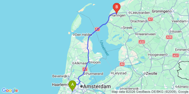 Map: Amsterdam Schiphol Airport (AMS) to Franeker