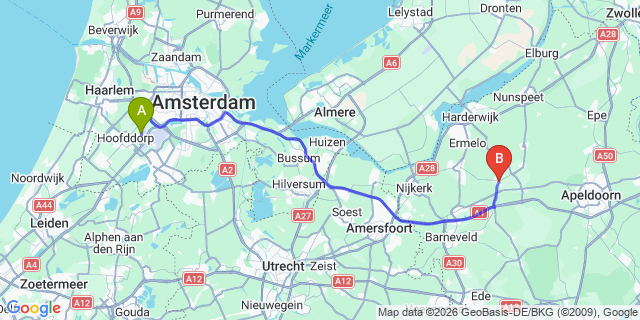 Map: Amsterdam Schiphol Airport (AMS) to Garderen