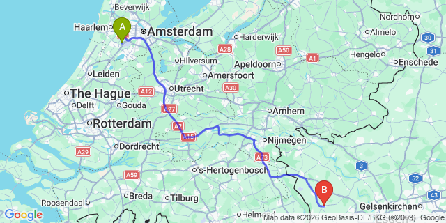 Map: Amsterdam Schiphol Airport (AMS) to Geldern