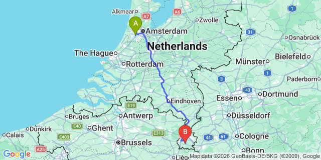Map: Amsterdam Schiphol Airport (AMS) to Geleen