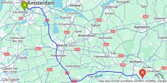 Map: Amsterdam Schiphol Airport (AMS) to Gendt