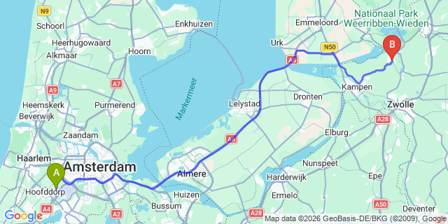 Map: Amsterdam Schiphol Airport (AMS) to Genemuiden