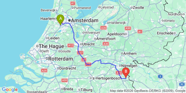 Map: Amsterdam Schiphol Airport (AMS) to Gennep