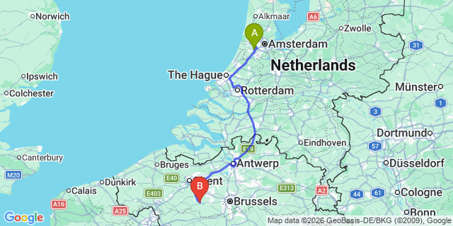 Map: Amsterdam Schiphol Airport (AMS) to Goes