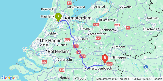Map: Amsterdam Schiphol Airport (AMS) to Grave