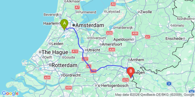 Map: Amsterdam Schiphol Airport (AMS) to Groesbeek