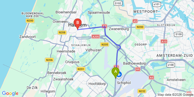 Map: Amsterdam Schiphol Airport (AMS) to Haarlem Port