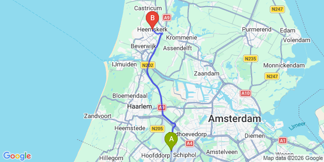 Map: Amsterdam Schiphol Airport (AMS) to Heemskerk