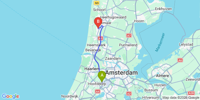 Map: Amsterdam Schiphol Airport (AMS) to Heiloo