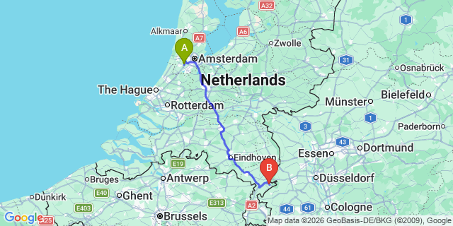 Map: Amsterdam Schiphol Airport (AMS) to Herkenbosch