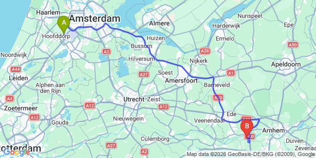 Map: Amsterdam Schiphol Airport (AMS) to Heteren