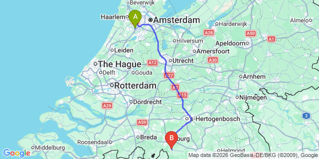 Map: Amsterdam Schiphol Airport (AMS) to Hilvarenbeek