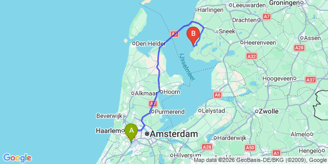 Map: Amsterdam Schiphol Airport (AMS) to Hindeloopen