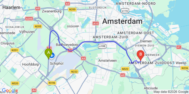 Map: Amsterdam Schiphol Airport (AMS) to Hoogoorddreef