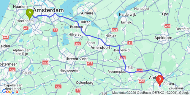 Map: Amsterdam Schiphol Airport (AMS) to Huissen