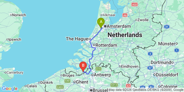 Map: Amsterdam Schiphol Airport (AMS) to Hulst