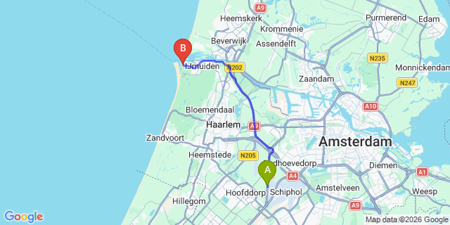 Map: Amsterdam Schiphol Airport (AMS) to Ijmuidem Cruise Port