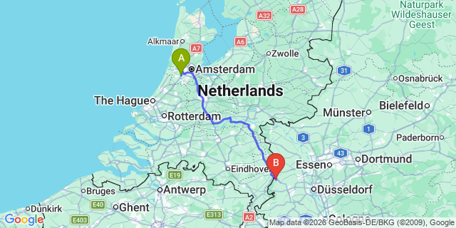 Map: Amsterdam Schiphol Airport (AMS) to Kaldenkirchen