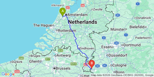 Map: Amsterdam Schiphol Airport (AMS) to Kerkrade