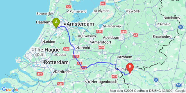 Map: Amsterdam Schiphol Airport (AMS) to Kleve