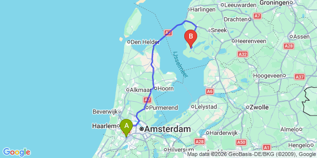 Map: Amsterdam Schiphol Airport (AMS) to Koudum