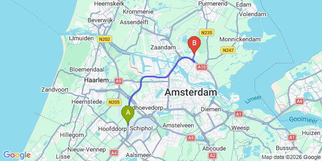 Map: Amsterdam Schiphol Airport (AMS) to Landsmeer