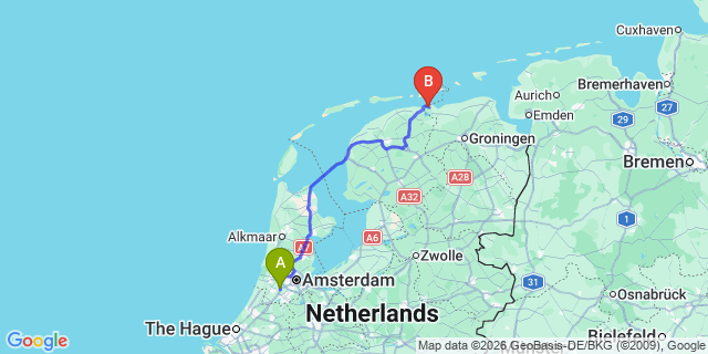 Map: Amsterdam Schiphol Airport (AMS) to Lauwersoog