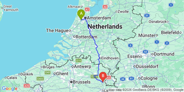 Map: Amsterdam Schiphol Airport (AMS) to Liège