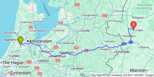 Map: Amsterdam Schiphol Airport (AMS) to Lingen