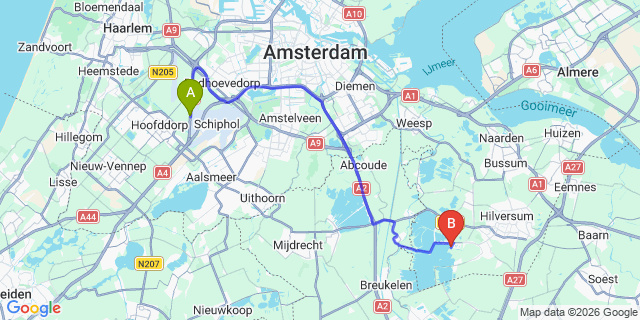 Map: Amsterdam Schiphol Airport (AMS) to Loosdrecht