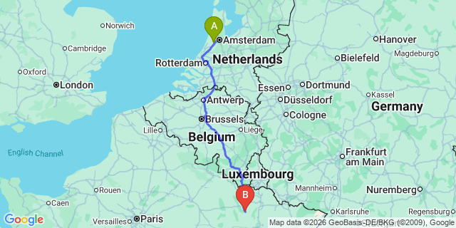 Map: Amsterdam Schiphol Airport (AMS) to Maastricht