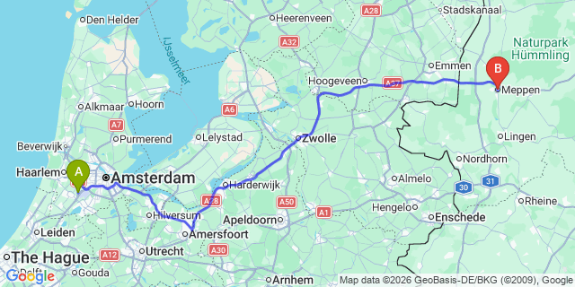Map: Amsterdam Schiphol Airport (AMS) to Meppen