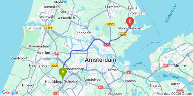 Map: Amsterdam Schiphol Airport (AMS) to Monnickendam