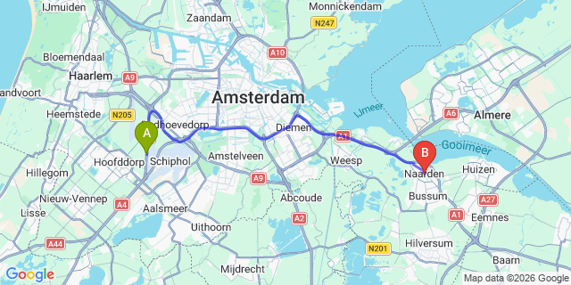 Map: Amsterdam Schiphol Airport (AMS) to Naarden