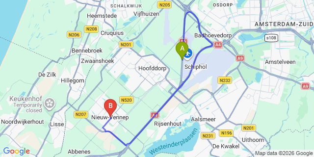 Map: Amsterdam Schiphol Airport (AMS) to Nieuw-Vennep