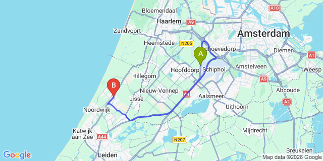 Map: Amsterdam Schiphol Airport (AMS) to Noordwijkerhout