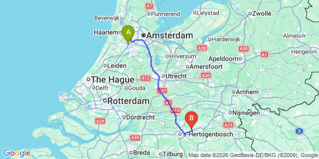 Map: Amsterdam Schiphol Airport (AMS) to Nuland