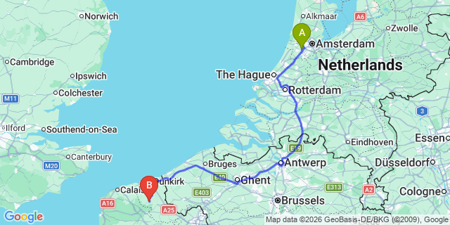 Map: Amsterdam Schiphol Airport (AMS) to Paris city (all areas)