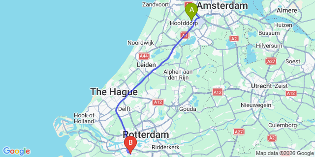 Map: Amsterdam Schiphol Airport (AMS) to Poortugaal